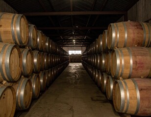 Rows of aging oak barrels in a dimly lit winery cellar. Perfect for concepts of wine production, craftsmanship, storage, and traditional alcohol aging.