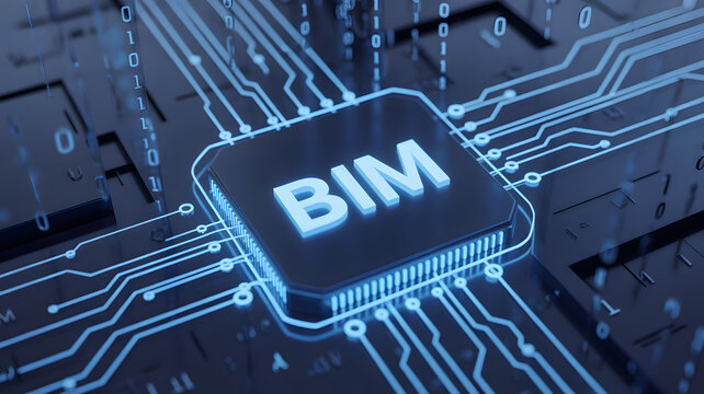 Luminous BIM logo on a circuit board with glowing binary code