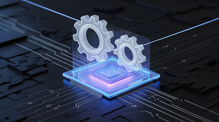 Futuristic technology concept with glowing CPU, gears, and circuit board connections