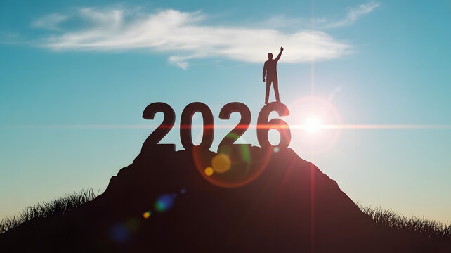 Man celebrating success on mountain summit with large 2026 numbers at sunrise