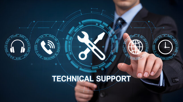 Professional man touching digital interface for technical support and global assistance