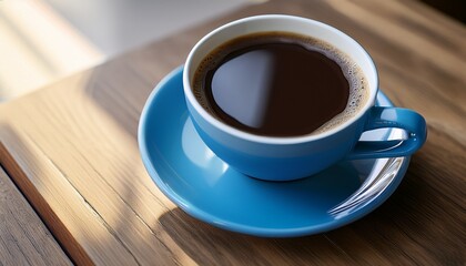Fototapeta premium aromatic dark coffee in a vibrant blue mug on wooden table