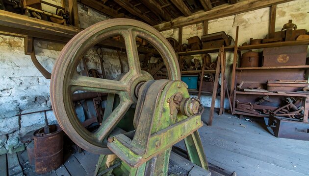Rusty antique machinery in a cluttered workshop