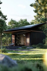 Fototapeta premium Modern Nature Retreat with Solar Panels Surrounded by Lush Greenery