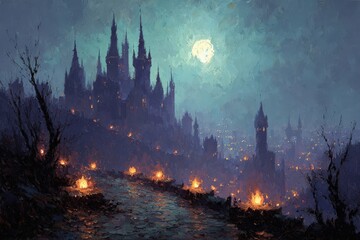 Fototapeta premium Dark Fantasy Castle City under Moon
