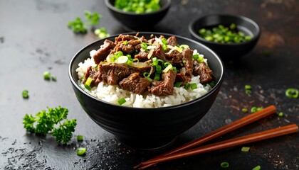 Bowl of rice and savory beef