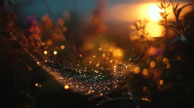 Dew-Kissed Spiderweb at Sunset: Golden Hour Glow