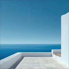Obraz premium Tranquil seaside terrace. A serene view of a vast, deep blue ocean stretching to a clear cerulean sky, viewed from a simple, white, tiled terrace