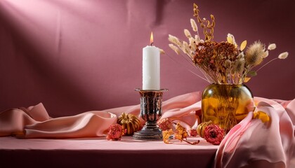 autumn still life with vintage portrait lit candle and dried flowers on pink silk fabric creating a serene atmosphere in the morning light life vintage portrait candle amber glass dried flow