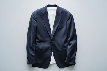 Navy blazer over white t-shirt, laid flat