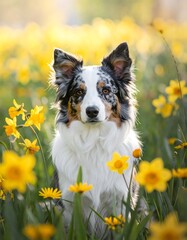 A captivating border collie, adorned with a striking merle pattern, sits amidst a field of vibrant yellow flowers.