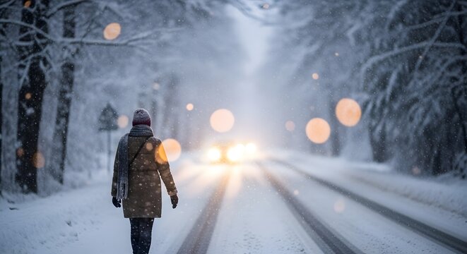 Person walking on snowy road with car headlights in bokeh lights during winter