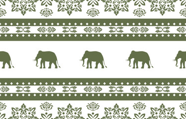 Elephant pattern. Seamless. White stripes, blue background. Ethnicity. Floral patterns, printed fabrics, pants, Lanna.