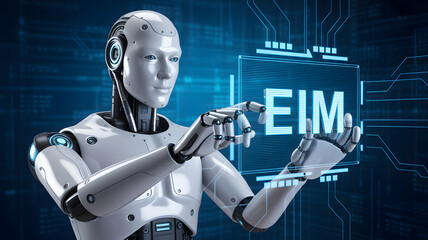 Futuristic AI robot interacting with data on a digital screen, modern technology