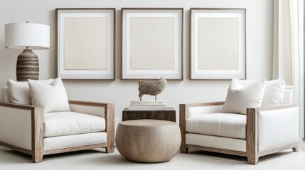 Elegant Living Room Interior Design with Wooden Armchairs and Neutral Decor