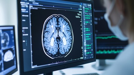Medium wide shot of team of doctors collaborating with AI imaging system displaying real-time MRI scans.