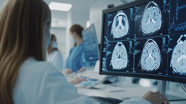 Medium wide shot of team of doctors collaborating with AI imaging system displaying real-time MRI scans.