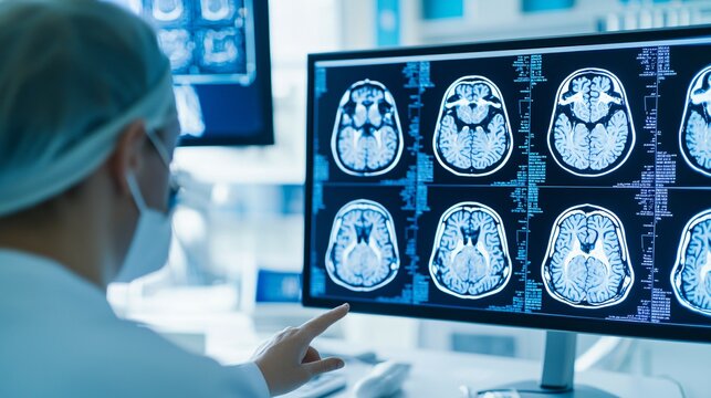 Medium wide shot of team of doctors collaborating with AI imaging system displaying real-time MRI scans.