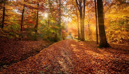 vibrant autumn stroll through a forest path adorned with colorful fallen leaves in soft morning light generative ai