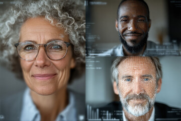 Composite portrait of three diverse professionals with warm expressions, closeup faces, and subtle digital overlays suggesting data insight, collaboration, and forward thinking.