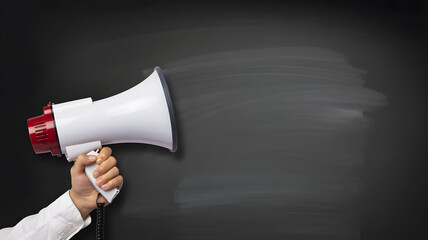 Hand holding a megaphone against dark chalkboard background for announcements