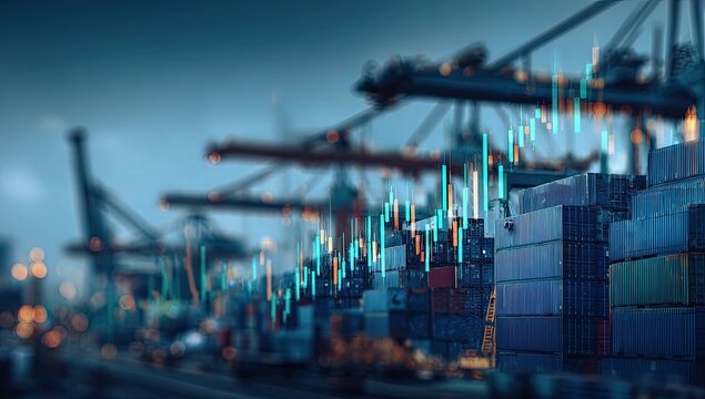 Container port at dusk with overlaid stock chart