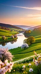 Serene valley landscape at sunset. Lush green hills, a flowing river, and blossoming trees