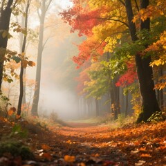 Fototapeta premium Misty Autumn Morning Path with Colorful Trees in a Forest