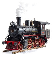 Fototapeta premium A detailed model steam locomotive, showcasing intricate design elements and rich color combinations.