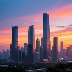 Fototapeta premium Modern City Skyline with Skyscrapers at Sunset and Colorful Sky Panorama