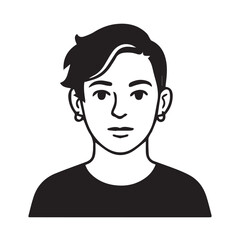 Black and white vector drawing of a short-haired woman’s portrait, highlighted with bold outlines, ideal for logos, tattoos, posters, or artistic design projects.