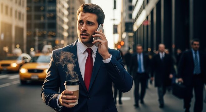 Focused businessman talking by smartphone and drinking coffee to go in metropolis