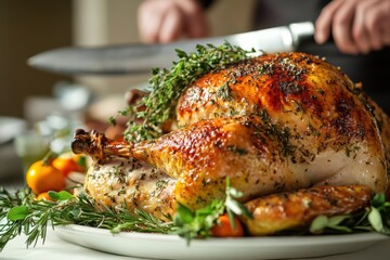 Golden roasted turkey garnished with fresh herbs and citrus on a serving platter, with a person preparing to carve it, symbolizing holiday feasts and festive family gatherings