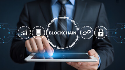 Businessman using blockchain technology on tablet for secure financial transactions