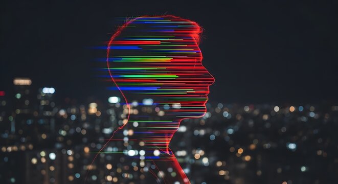 Digital Glitch Effect Human Head Silhouette Against Blurred City Lights At Night