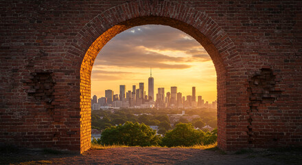 Stunning cityscape view through ancient brick archway at golden hour sunset