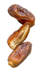 Ripe dried date palm fruits witth half in stack isolated with clipping path in png format Concept of iftar food in Ramadan month for Muslims