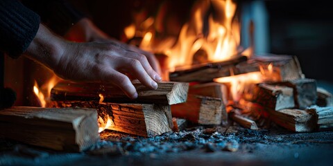 Hands tending a warm fireplace
