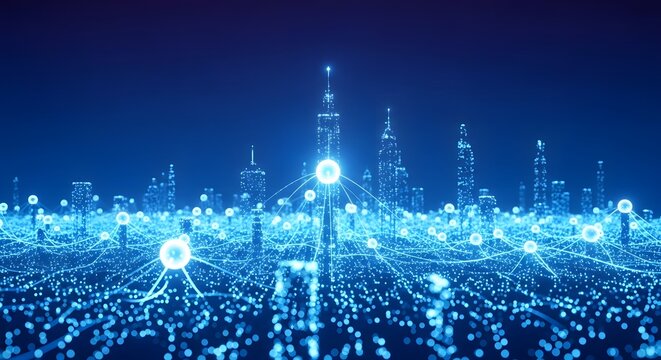Abstract Digital Cityscape Futuristic Glowing Blue Network Connections Data Flow Futuristic Urban Landscape