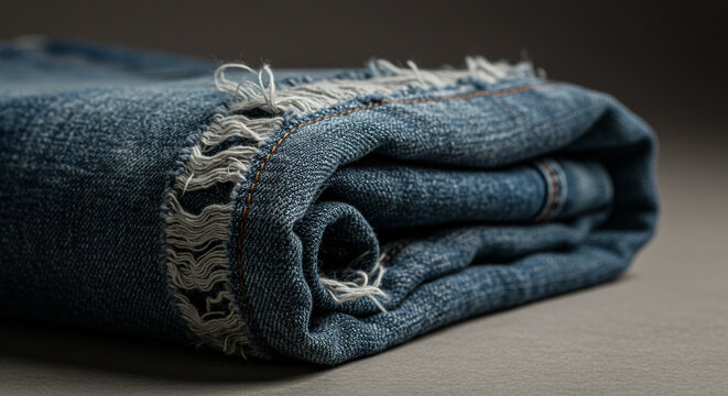 Stylish rolled blue jeans detail with frayed edges and textured denim, perfect for fashion or casual wear