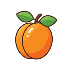 A stylized cartoon apricot with green leaves and a brown stem