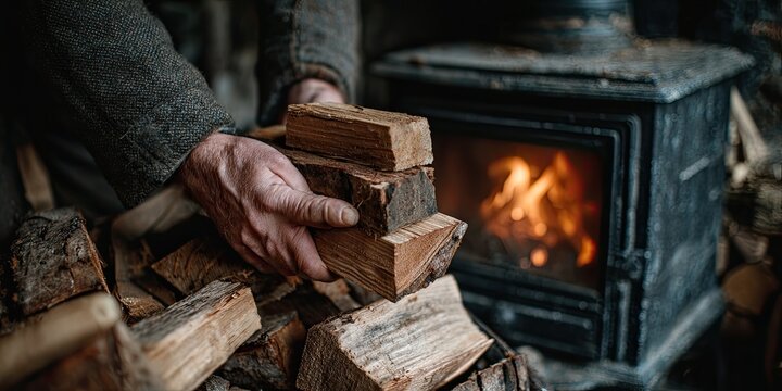 Hands arranging firewood near a burning wood stove