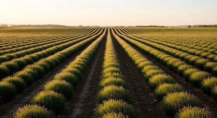 Vast rows of blooming lavender fields in golden sunset light creating a tranquil agricultural landscape