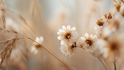 Soft-focus image of delicate, pale cream-colored flowers amongst light beige grasses