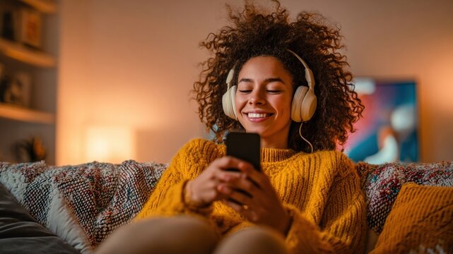 Young woman relaxing on cozy couch with headphones, smiling while listening to music on smartphone in warm living room