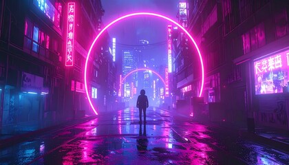 Futuristic neon alleyway with figure