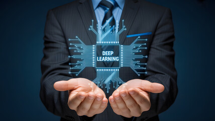 Deep learning technology presented by businessman in suit with circuit design