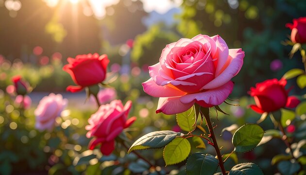 Vibrant pink and red roses bloom in a garden bathed in the golden sunlight of a beautiful summer day. - Powered by Adobe
