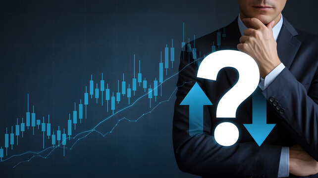 Uncertain investor analyzes market trends with question mark and arrows icon
