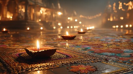 Traditional clay oil lamps glowing on colorful rangoli patterns during festive night celebration with warm lights and decorations in the background